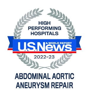 Decorative image that reads Hi Performance Hospitals U.S. News and World Report 2022-2023 Abdominal Aortic Aneurysm Repair