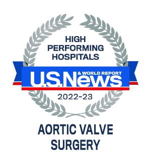 Decorative image that reads Hi Performance Hospitals U.S. News and World Report 2022-2023 Aortic Valve Surgery