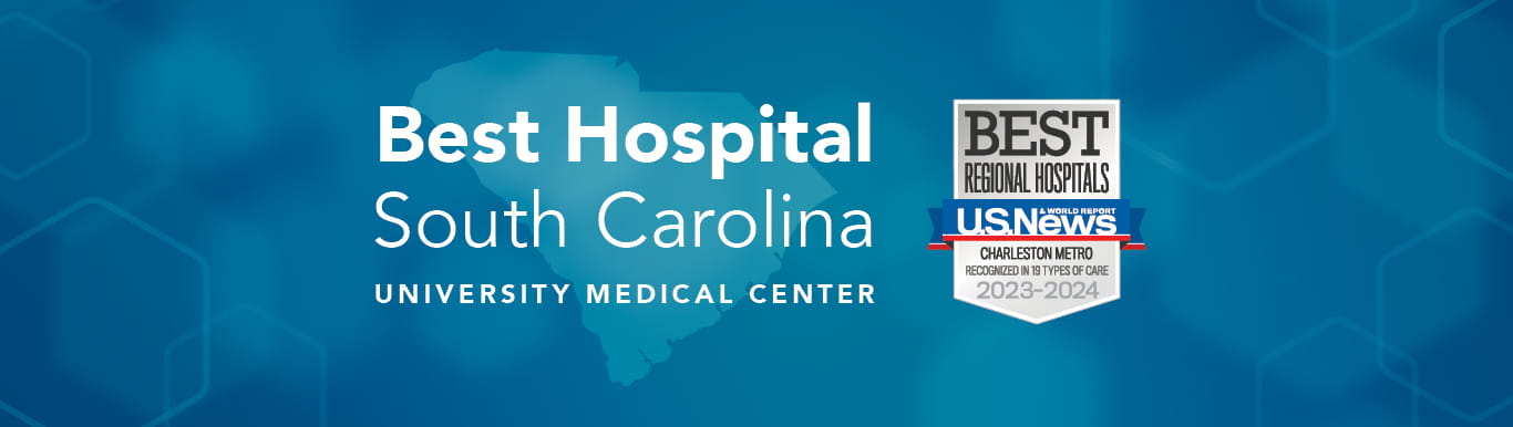 Graphic with geometric background and the shape of the South Carolina with the Copy Best Hospital South Carolina University Medical Center | Best Regional Hospitals US News & World Report Charleston Metro Recognized in 19 types of care 2023 to 2024